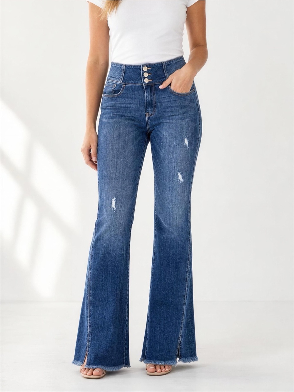 KanCan Indigo High-Rise Flare Jeans with Distressed Detail